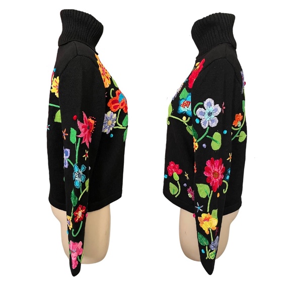NWT Berek Black Turtleneck with Embroidered Beaded Flowers // Size Small - Picture 4 of 7